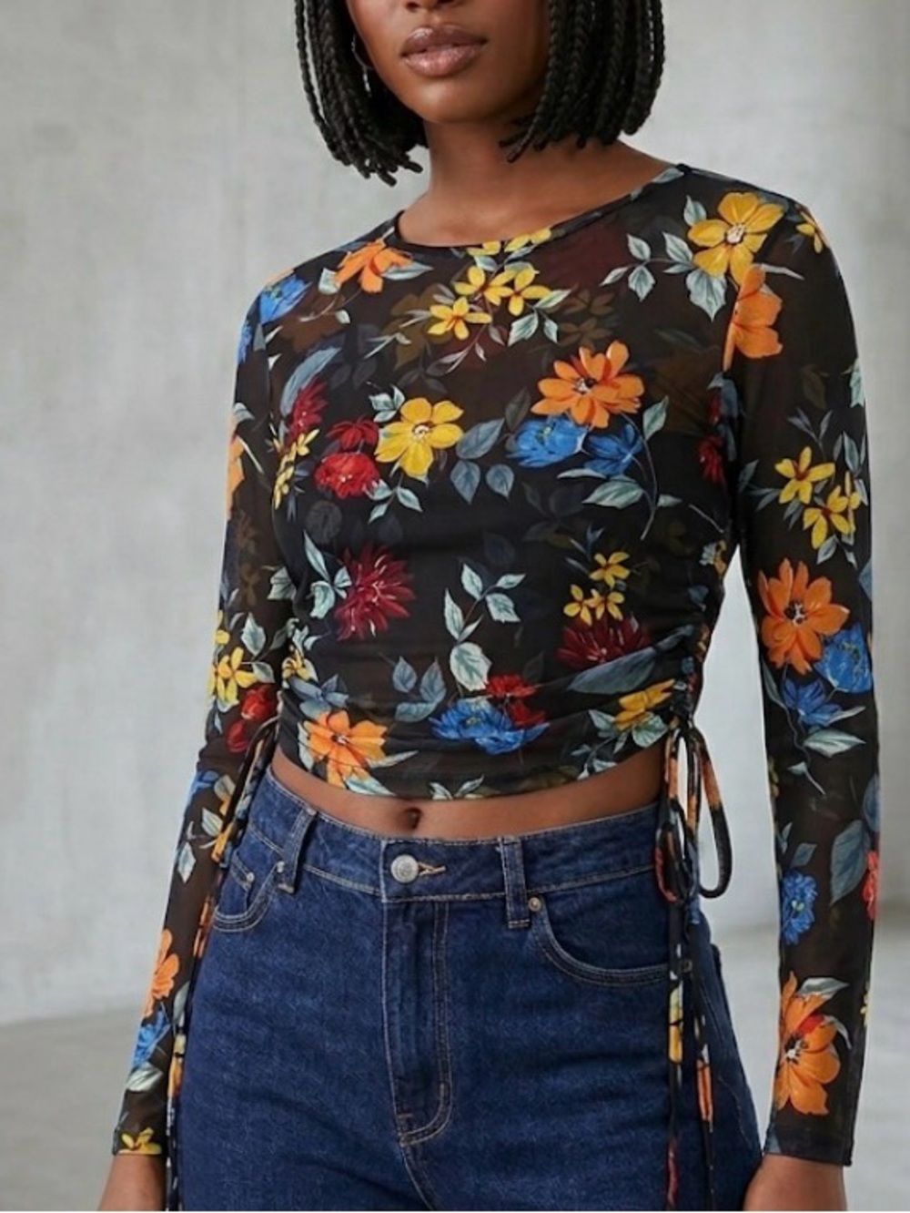 Forever 21 Black Floral Ruched Mesh Crop Top